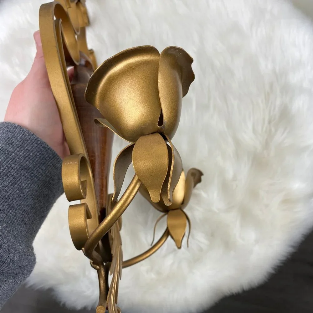 Vintage Wood & Brass Rose Candle Holder Wall Hanging 17.5